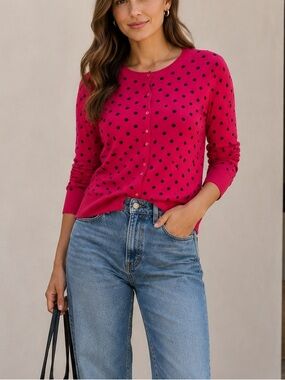 Lightweight Fitted Cardigan M Button Up Polka Dot Sweater Pink Navy Preppy Retro